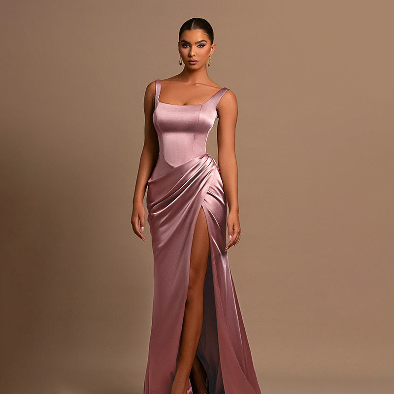 Damen elegantes Maxikleid mit anliegendem Oberteil und hohem Schlitz R&B