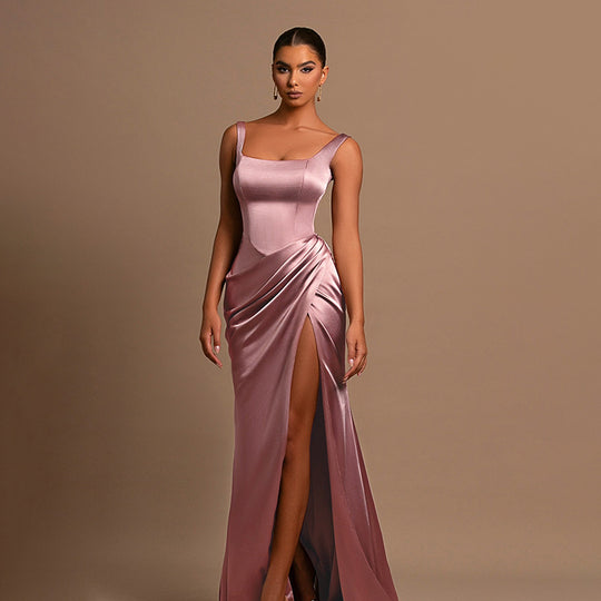 Damen elegantes Maxikleid mit anliegendem Oberteil und hohem Schlitz R&B