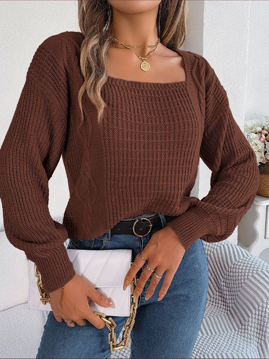 Damen Grobstrickpullover mit quadratischem Ausschnitt und voluminösen Ärmeln R&B
