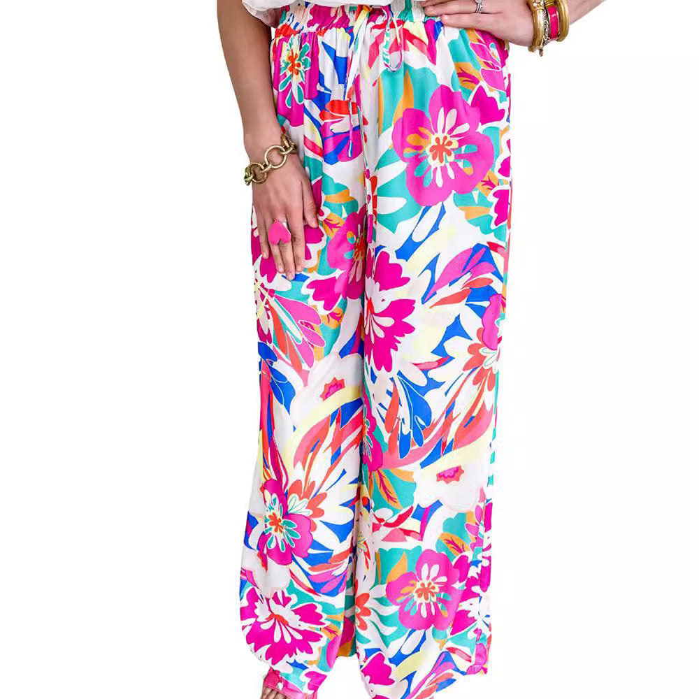 Damen weite Palazzo-Hose mit buntem Blumenmuster und elastischem Bund R&B