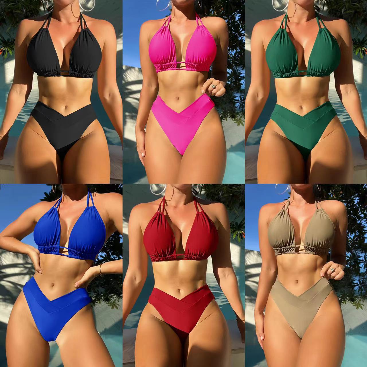 Damen Triangel-Bikini mit V-Ausschnitt und modischem High-Waist-Höschen R&B
