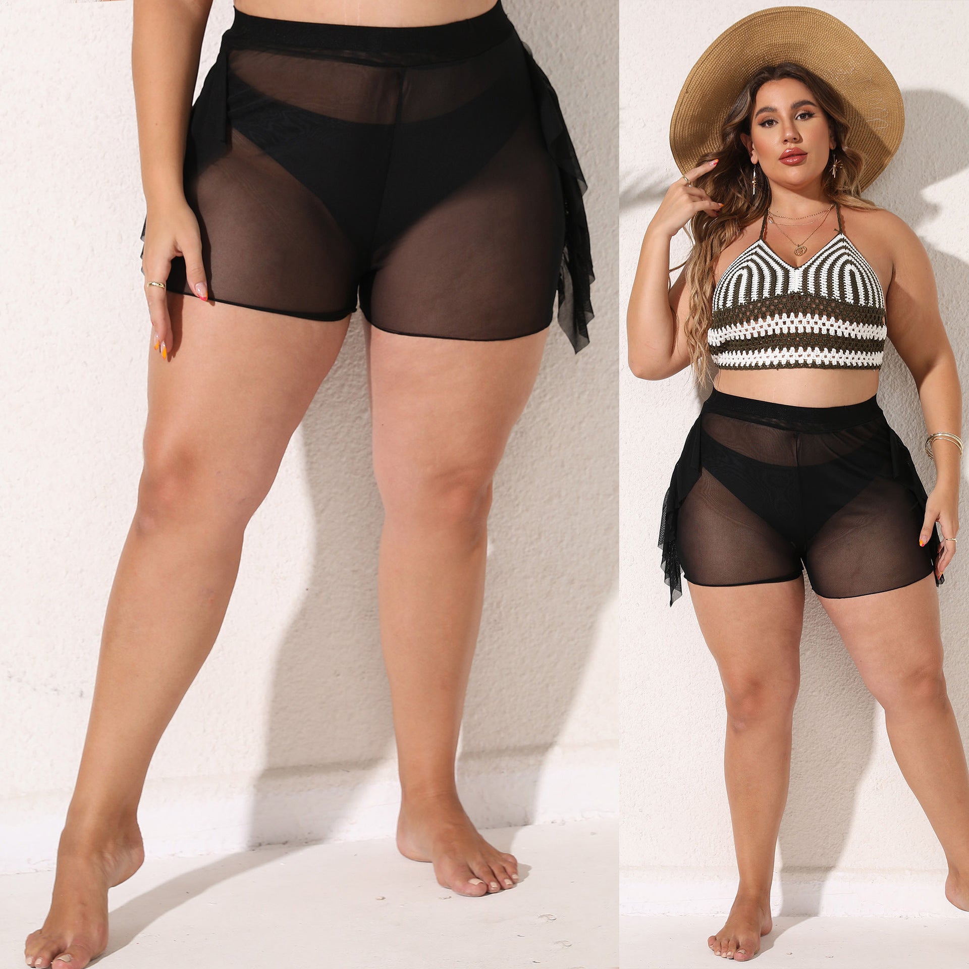 Damen leicht transparente Strandshorts mit fließendem Überwurf R&B