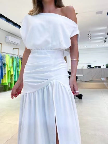 Damen Langärmeliges Kleid mit seitlichem Schlitz und off-shoulder Design R&B