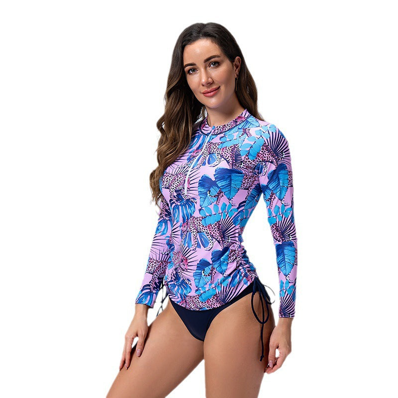 Damen Langarm Rashguard mit stylischem Flora-Muster und seitlichen Kordelzügen R&B