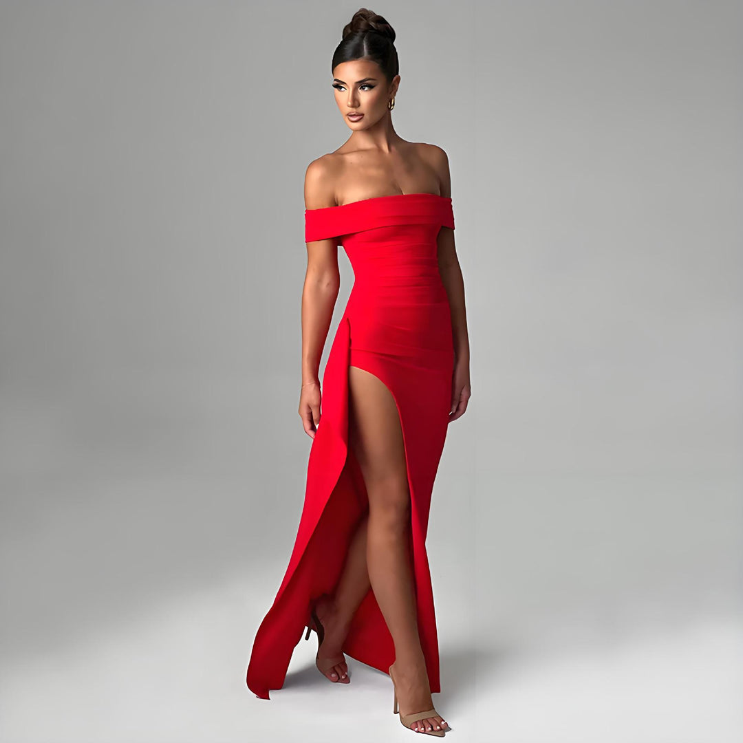 Damen Off-Shoulder Maxikleid mit elegantem Schlitz und figurformendem Schnitt R&B