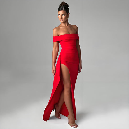 Damen Off-Shoulder Maxikleid mit elegantem Schlitz und figurformendem Schnitt R&B