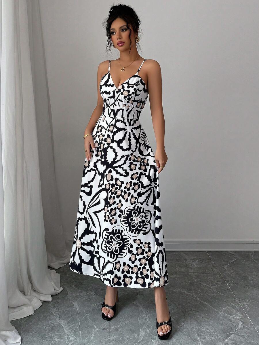 Damen Maxikleid mit elegantem grafischem Design und verstellbaren Trägern R&B