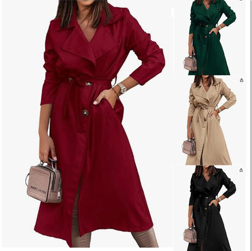 Damen eleganter Trenchcoat mit Taillengürtel und großen Taschen R&B