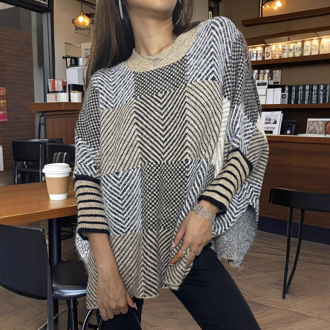 Damen asymmetrischer Strickpullover mit Zickzackmuster R&B