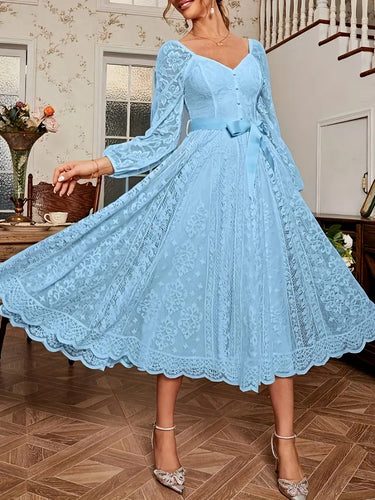 Damen Elegantes Spitze Midi-Kleid mit puffärmel und Taillenbindung R&B