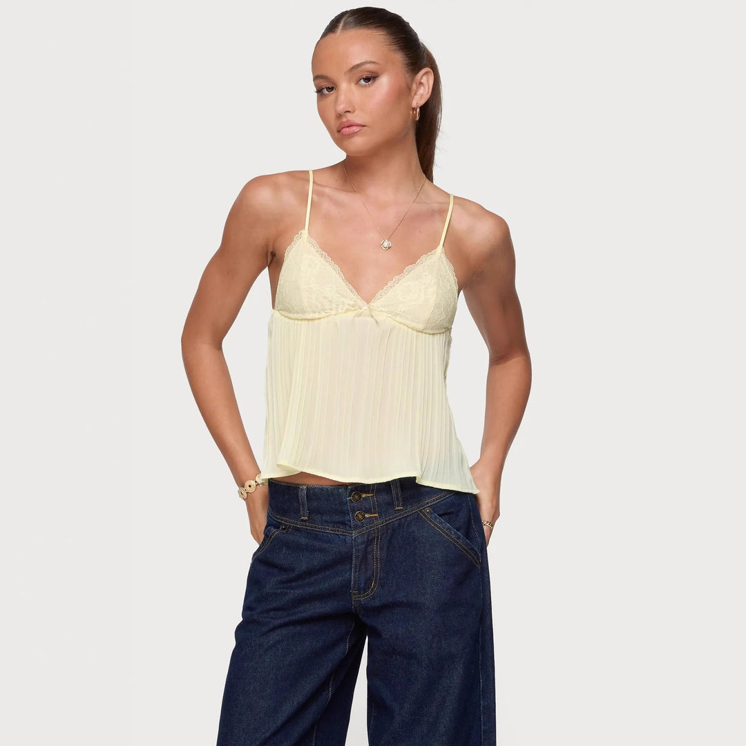Damen Chiffon Top mit Spitzenakzenten und plissiertem Design R&B