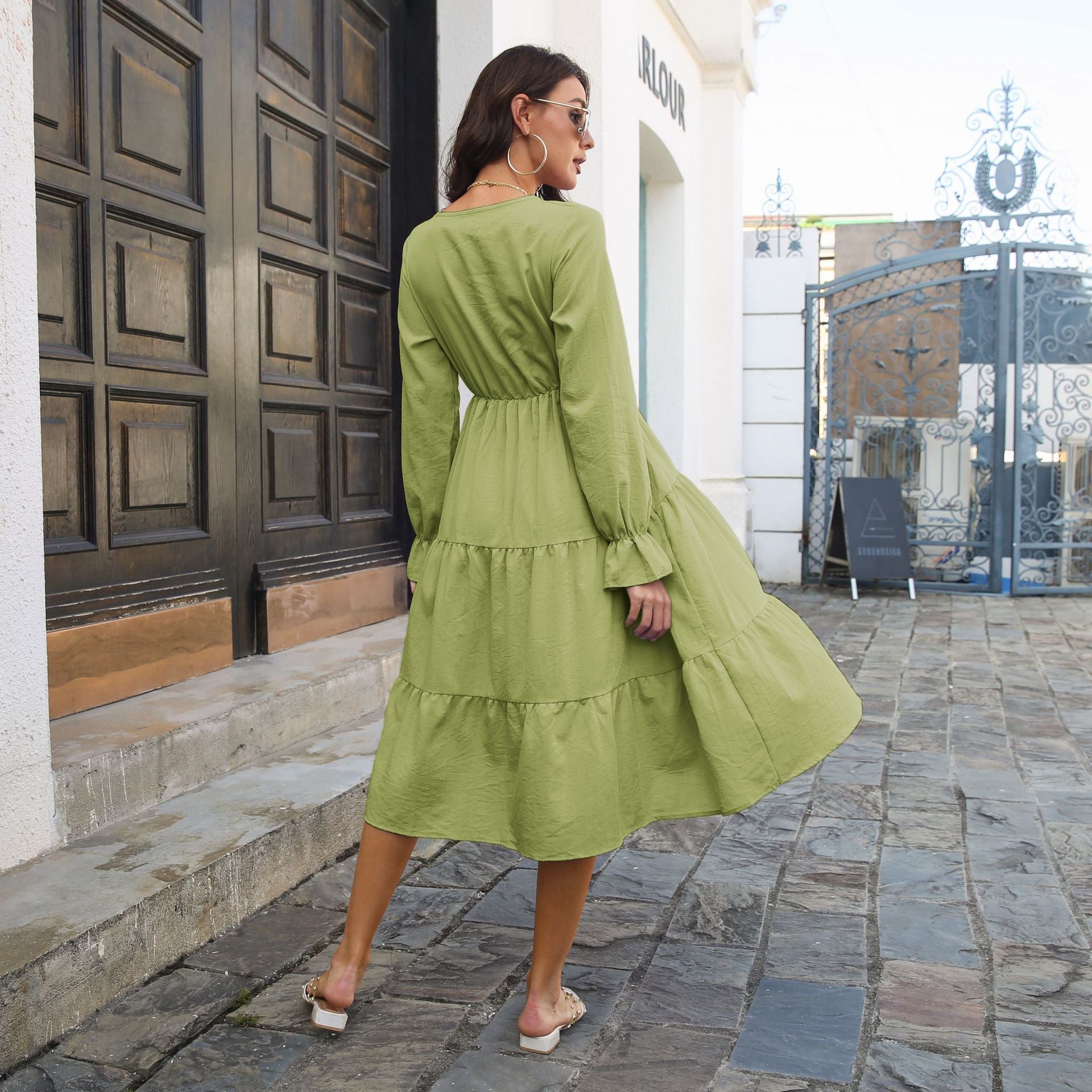 Damen Midikleid mit Volant und langen Ärmeln R&B