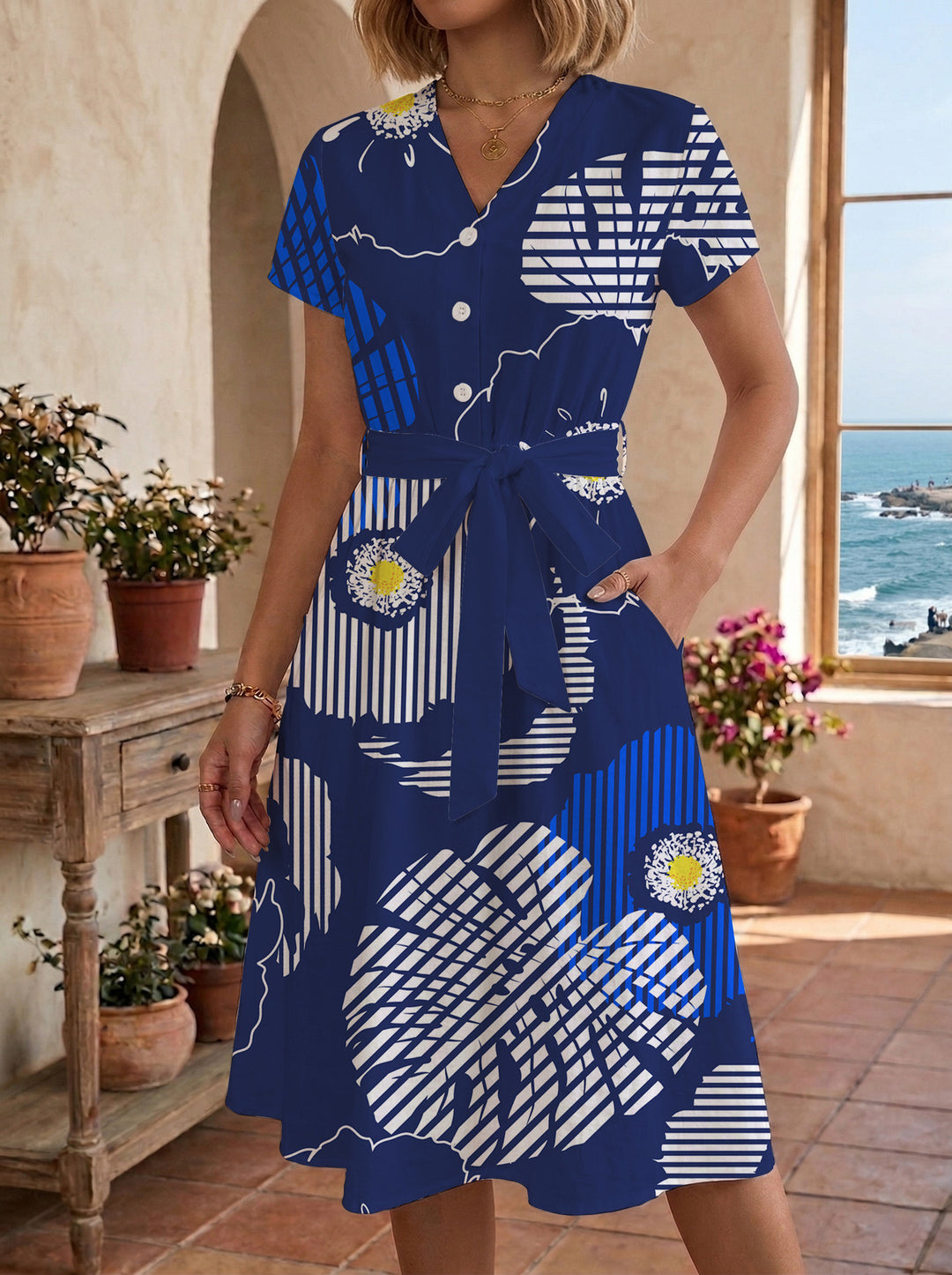 Damen Midi-Kleid mit floralem Design und bequemer Passform R&B