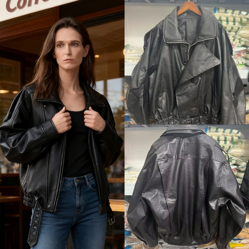 Damen modische Kunstlederjacke mit asymmetrischem Schnitt und dekorativem Gürtel R&B
