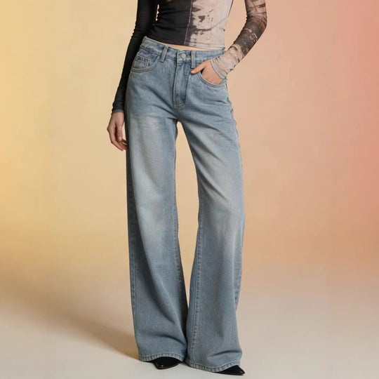Damen weite Denim-Hose mit Vintage-Waschung und hoch geschnittenem Bund R&B