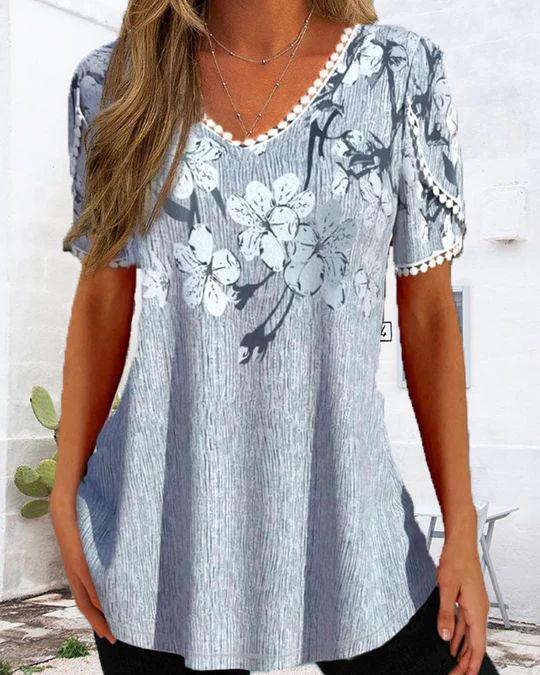 Damen nan legeres V-Ausschnitt-Tunikashirt mit floralem Muster und Pomponbesatz R&B