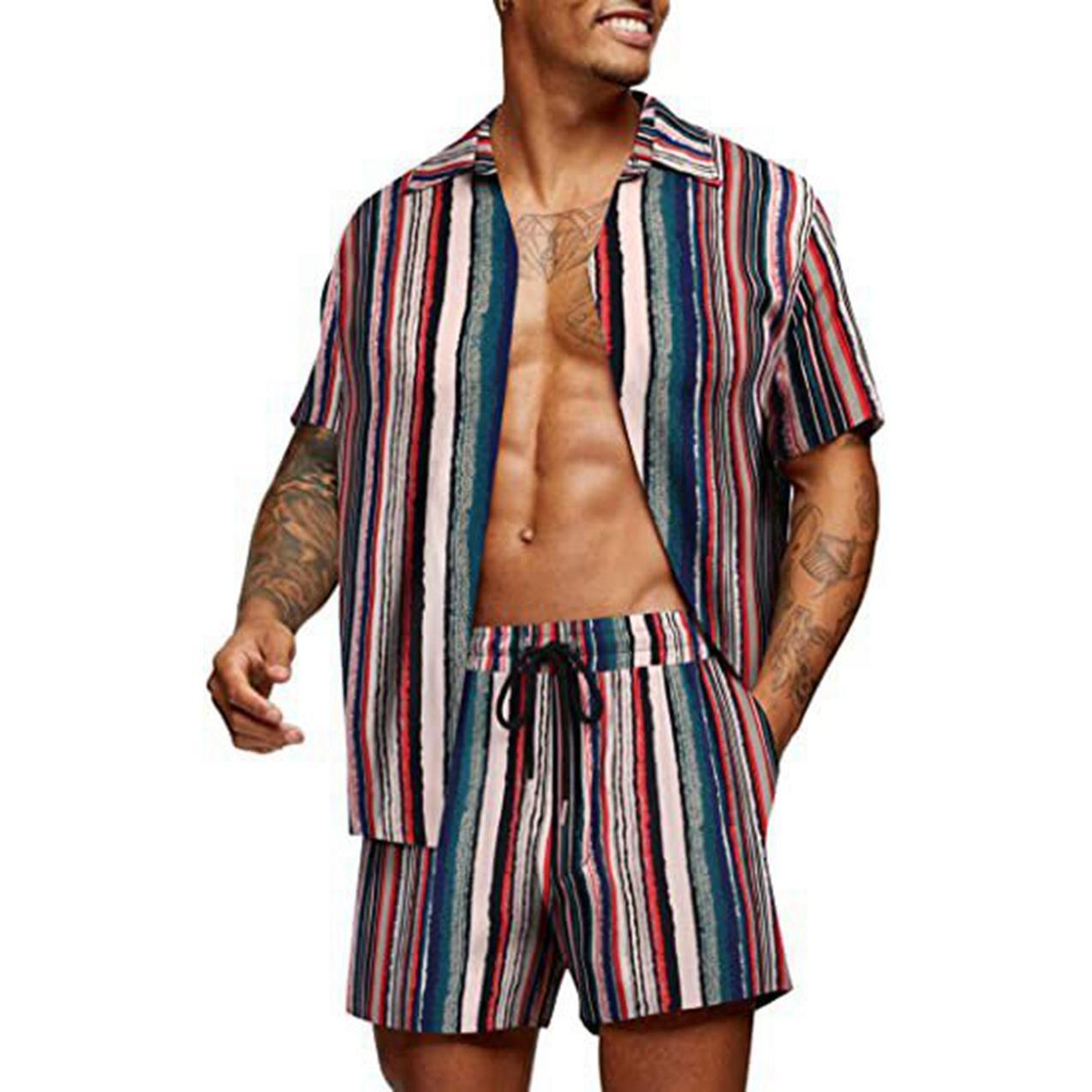 Herren nan tropisches Kurzarmhemd und Badeshorts-Set mit Reverskragen Kordelzug und praktischen Seitentaschen R&B