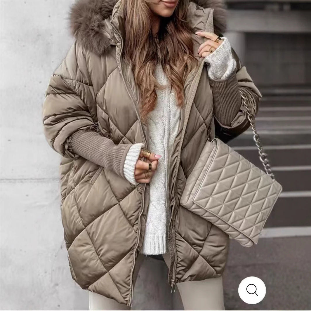 Damen Oversized Steppjacke mit abnehmbarem Kunstfellkragen R&B
