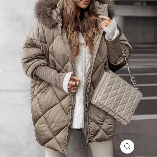 Damen Oversized Steppjacke mit abnehmbarem Kunstfellkragen R&B