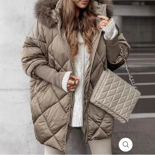 Damen Oversized Steppjacke mit abnehmbarem Kunstfellkragen R&B