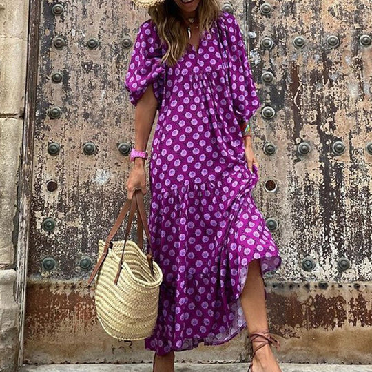 R&B | Großes böhmisches Kleid mit Rundhalsausschnitt und Laternenärmeln
