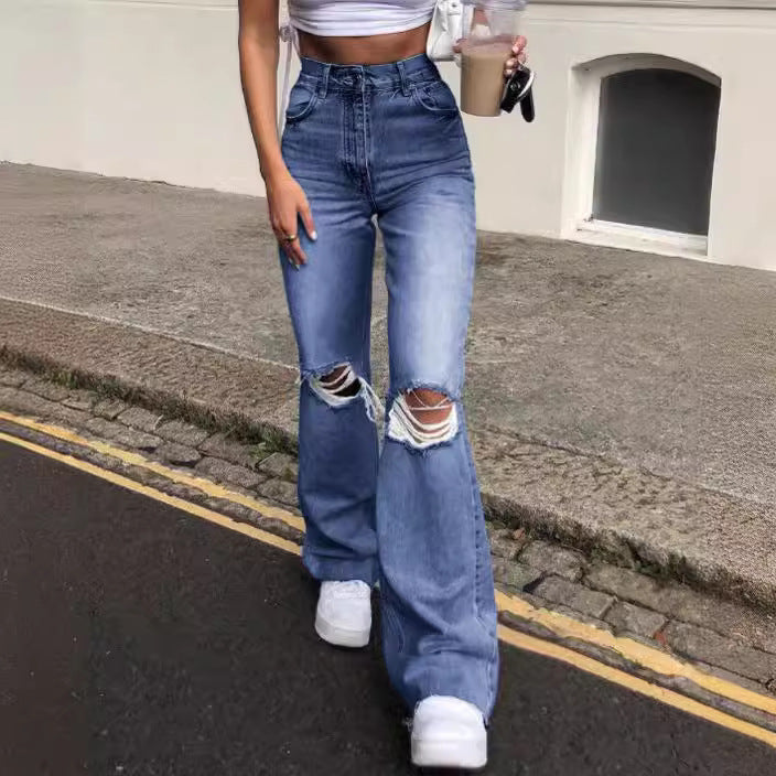 Damen Flared Jeans mit modischen Ripped-Details und hohem Bund R&B
