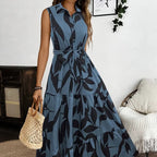 Damen Maxi-Kleid mit maskulinem Blätterdruck und tailliertem Gürtel R&B