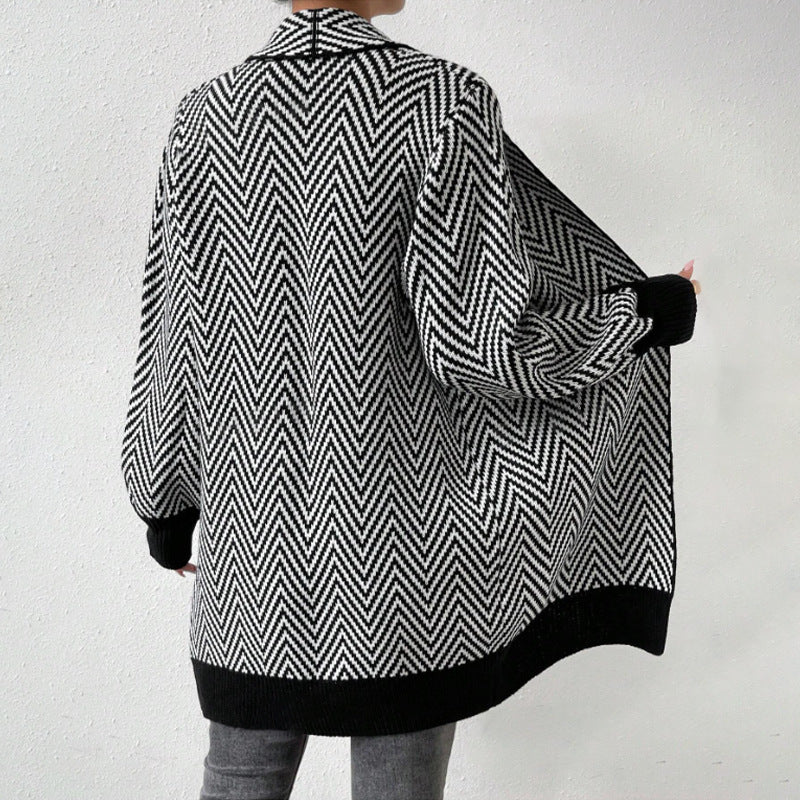Damen langärmlige Strickjacke im modernen Chevron-Design R&B