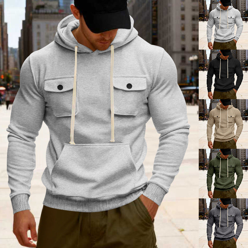 Herren nan urbaner Kapuzenpullover mit Brustklappen, Kängurutasche und athletischem Schnitt R&B