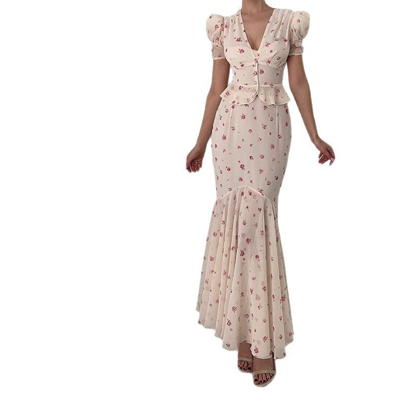 Damen Elegantes Maxikleid mit Puffärmeln und Rüschen R&B