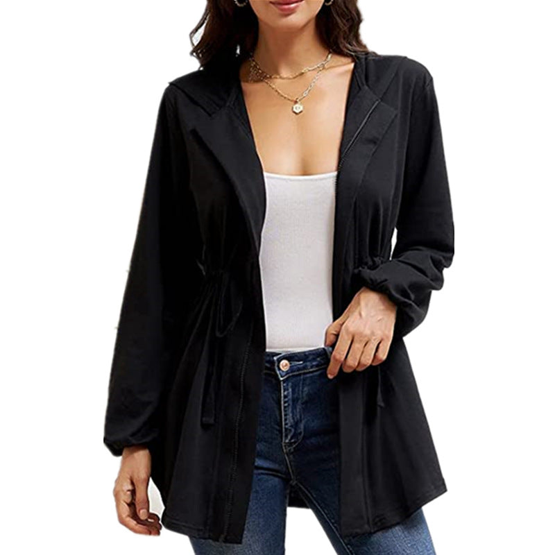 Damen lässige Oversized-Hemdjacke mit Kapuze und Taillenzug R&B