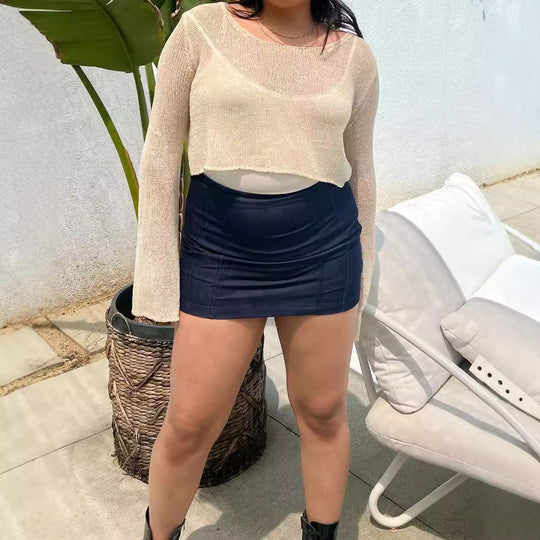Damen luftiges Strickoberteil mit weitem Schnitt und eleganten Trompetenärmeln R&B
