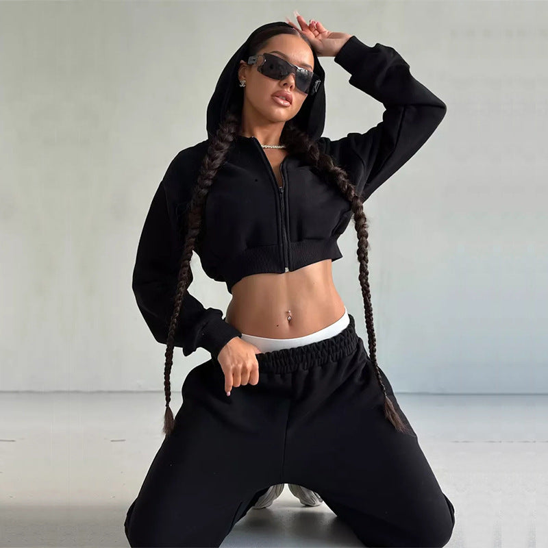 Damen sportliches Cropped-Set mit Reißverschluss und weitem Bein R&B