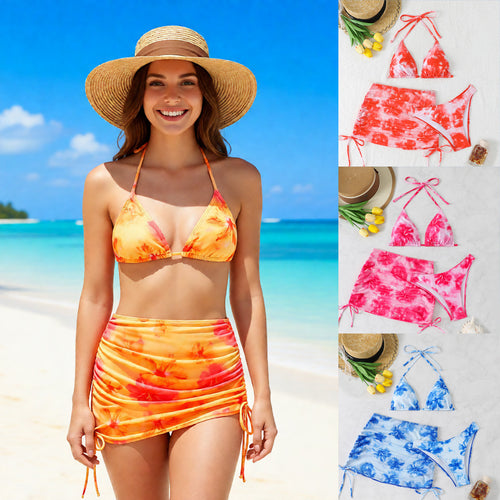 Damen Triangel-Bikini-Set mit verstellbaren Trägern und floralem Wickelrock R&B