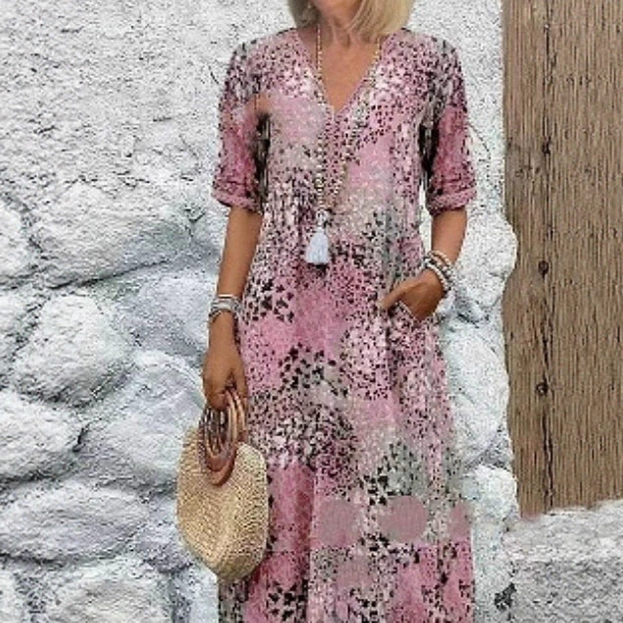 Damen Maxikleid mit V-Ausschnitt und praktischen Seitentaschen R&B