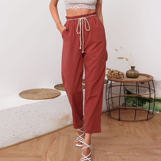 Damen bequeme Stoffhose mit elastischem Bund und modischem Kordelzug R&B