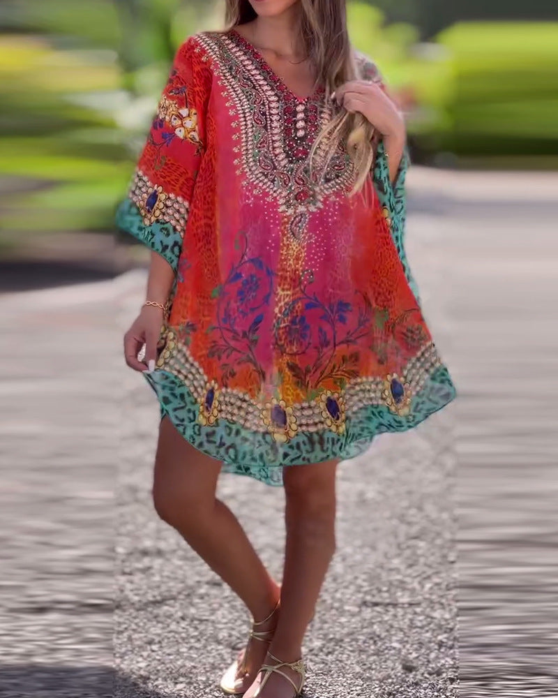 Damen Strandkleid Im Farbenfrohen Boho-Stil mit Verspieltem Design und Tiefem V-Ausschnitt R&B