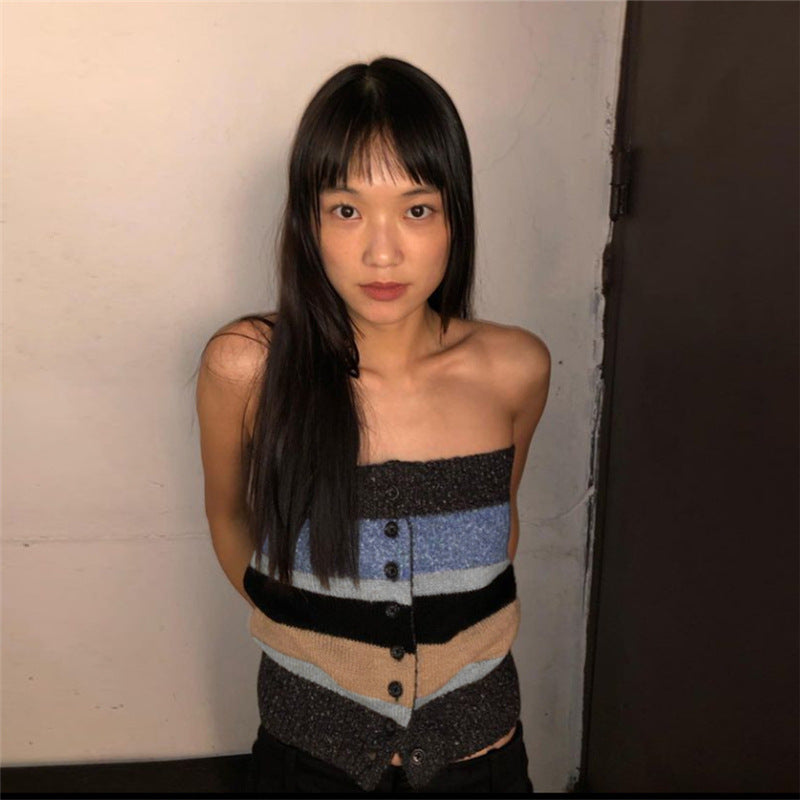 Damen Bandeau-Top mit bunten Streifen und dekorativen Knöpfen R&B