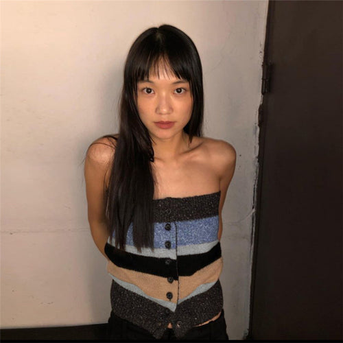 Damen Bandeau-Top mit bunten Streifen und dekorativen Knöpfen R&B