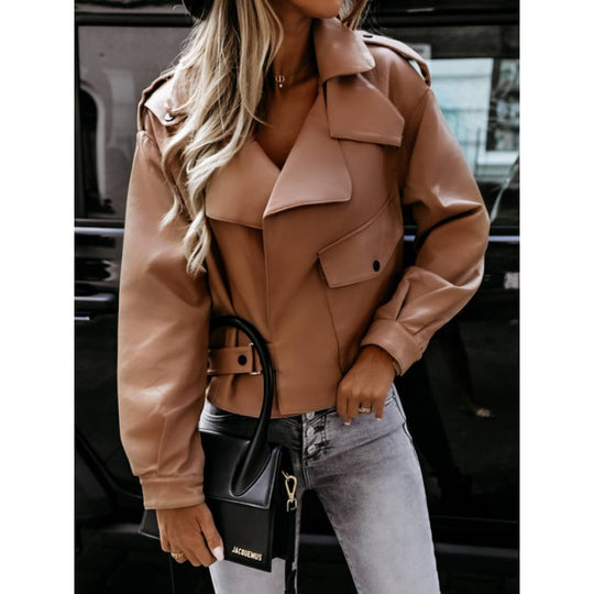 Damen Bikerjacke aus Kunstleder mit eleganter Schnalle und Taschen R&B