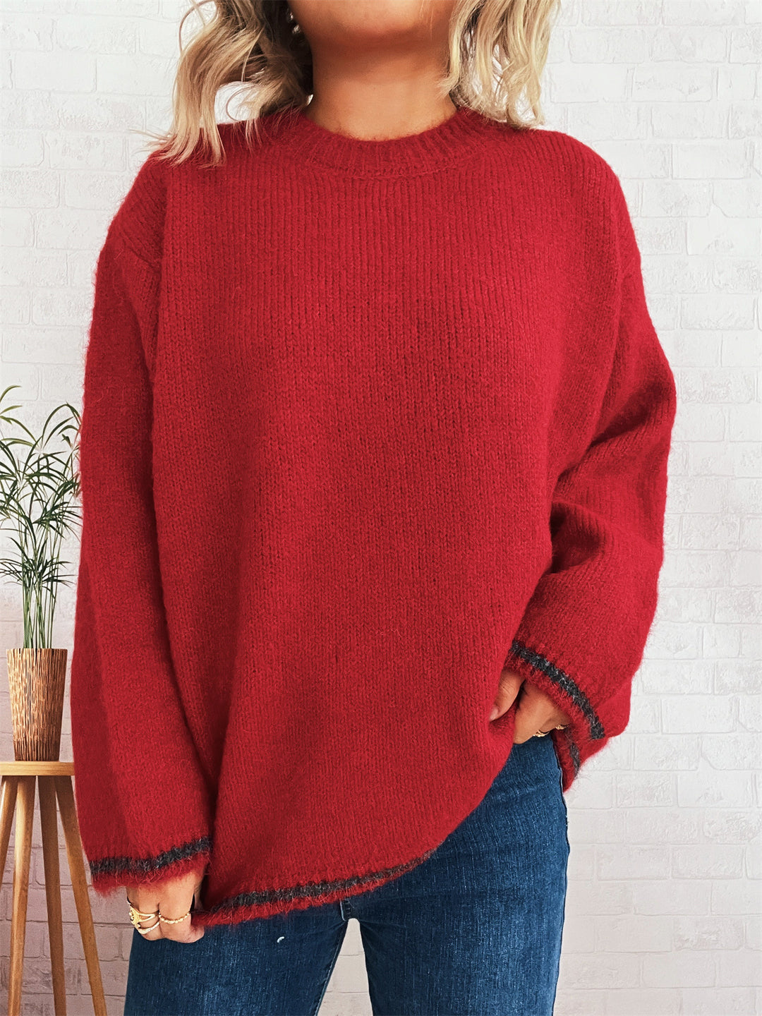 Damen lässiger Wohlfühlpullover mit blockfarbenem Design R&B
