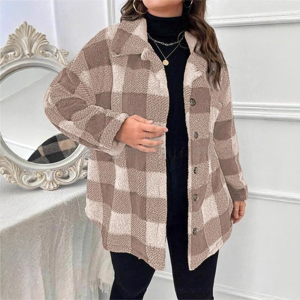 Damen kuschelige Karojacke mit Knopfverschluss und oversized Schnitt