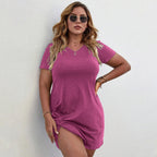 Damen lässiges Knielanges Shirtkleid mit seitlichem Knoten R&B