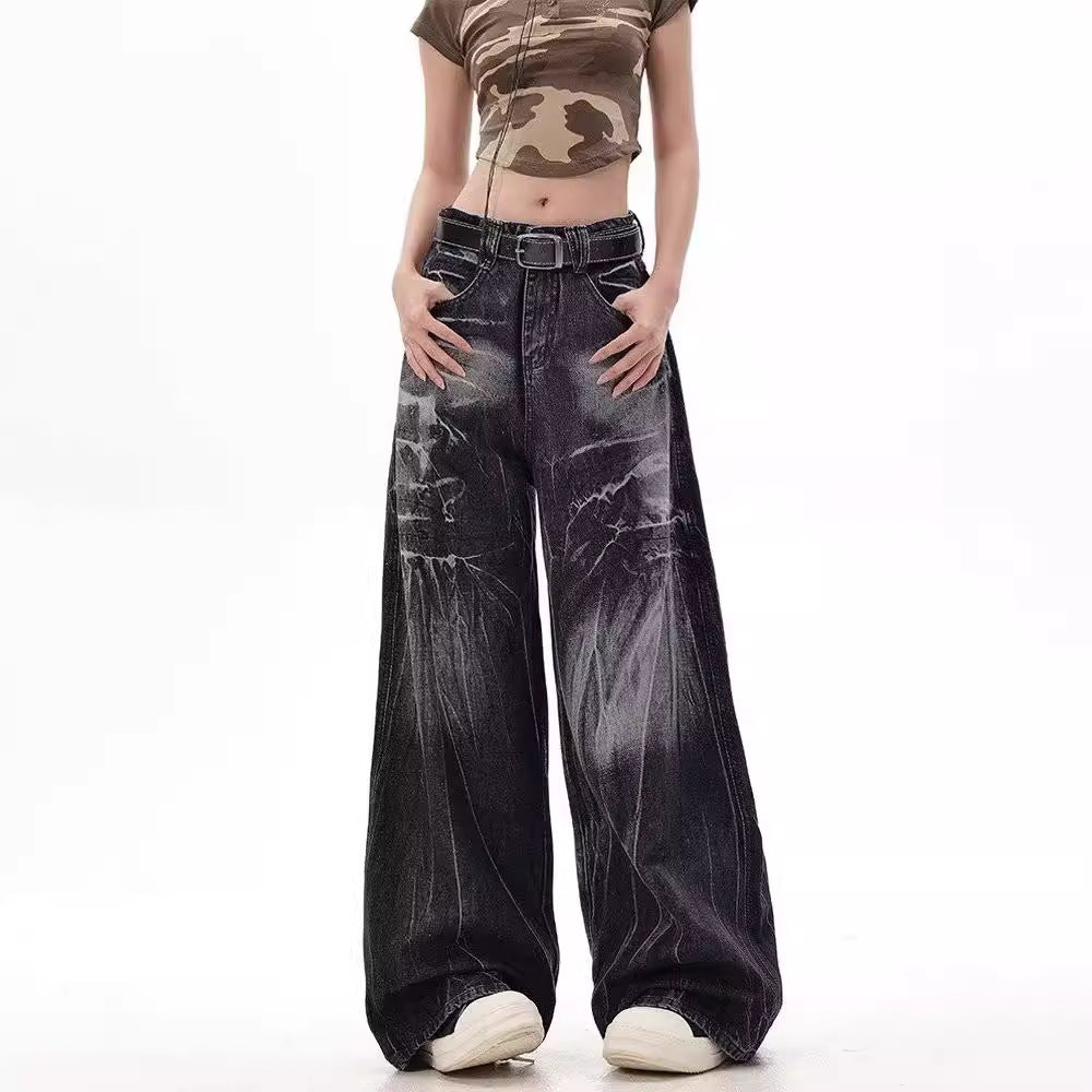 Damen Weite Jeanshose mit modischem Used-Look und hohem Bund R&B