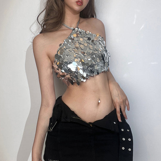 Damen Glitzerndes Crop-Top mit schimmernden Pailletten R&B