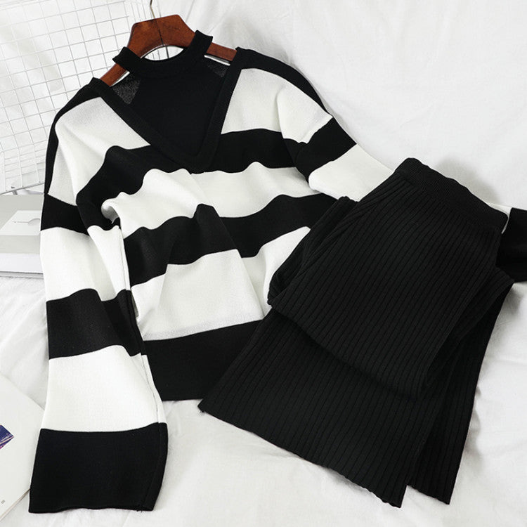 Damen modisches Strick-Loungewear-Set mit Streifenmuster und hohem Kragen R&B