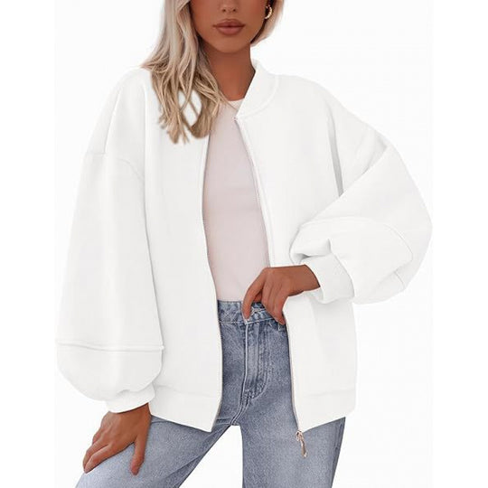 Damen lässige Oversized-Jacke mit Reißverschluss und ballonen Ärmeln R&B
