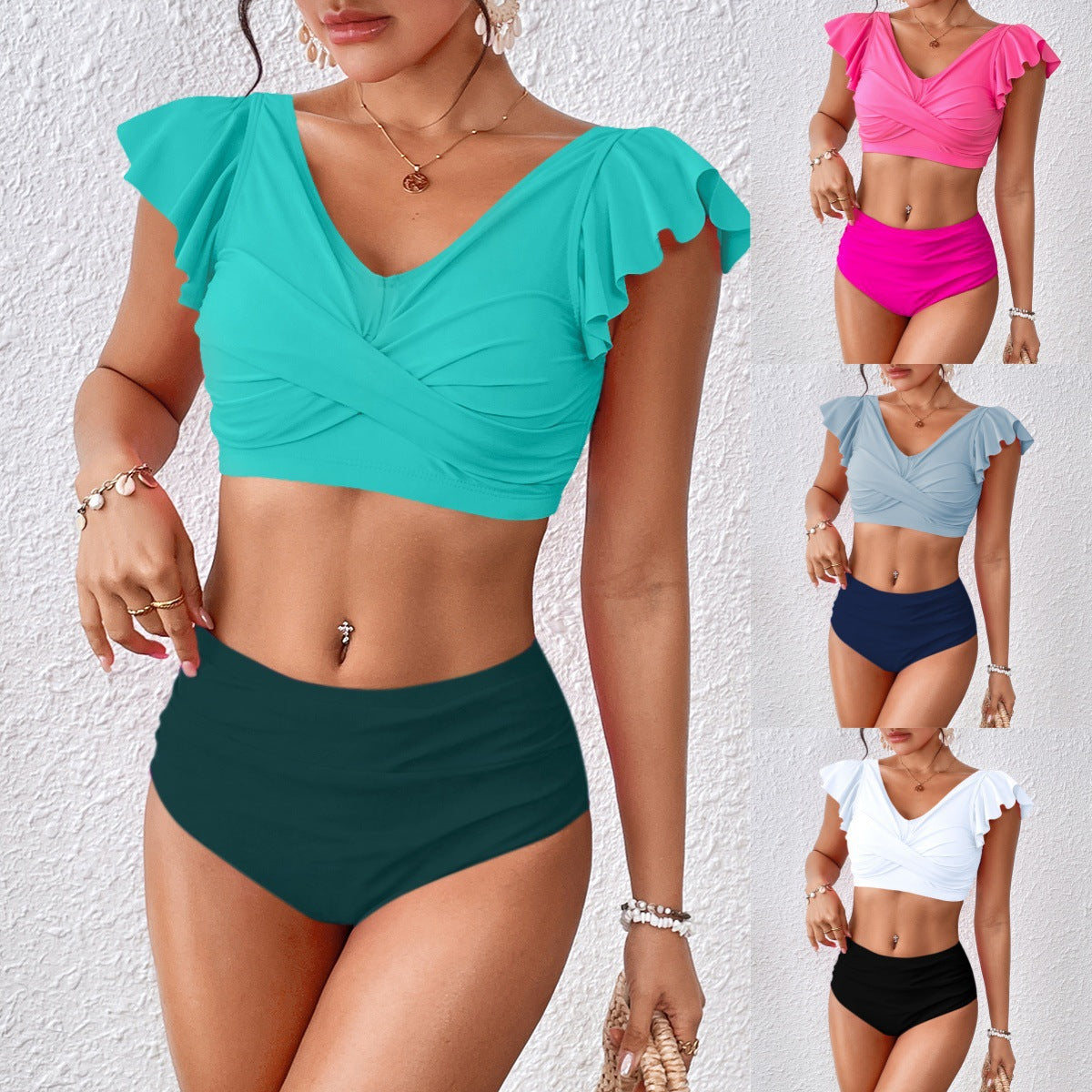 Damen Hochgeschnittener Bikini mit verspieltem Rüschenschnitt R&B