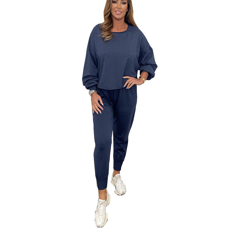 Damen Lässiges Fleece-Loungewear-Set mit weitem Oberteil und elastischen Hosen R&B
