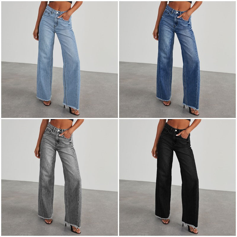 Damen Weit geschnittene Jeans mit trendigem fransigem Saum R&B